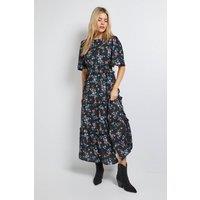 Dorothy Perkins Women's Black Ditsy Shirred Waist Angel Sleeve Tiered Maxi Dress | Size: 10