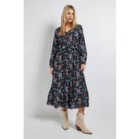 Dorothy Perkins Women's Black Ditsy Shirred Waist Long Sleeve Maxi Dress | Size: 12