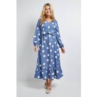 Dorothy Perkins Women's Blue Spot Shirred Waist Long Sleeve Maxi Dress | Size: 12