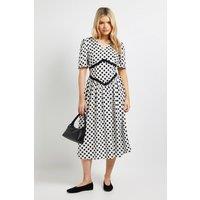 Dorothy Perkins Women's Mono Spot Lace Detail Dropped Waist V Neck Printed Midi Dress | Size: 14