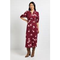 Dorothy Perkins Women's Petite Berry Floral Collared Button Detail Puff Sleeve Midi Dress | Size: 8