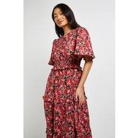 Dorothy Perkins Women's Petite Red Floral Shirred Waist Angel Sleeve Tiered Maxi Dress | Size: 10