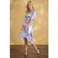 Klass. Women's Bold Floral Print layered Dip Hem Dress in Ivory | Size: 10