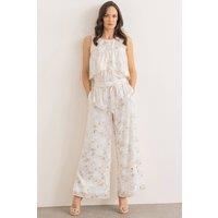 Klass. Women's Floral Foil Print Wide Leg Trousers in Ivory | Size: 22