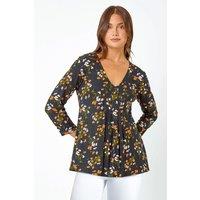 Roman Women's Floral Print V-Neck Tunic Swing Stretch Top in Black | Size: 10