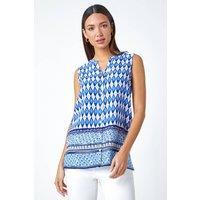 Roman Women's Longline Border Print V-Neck Blouse in Blue | Size: 10