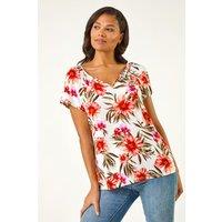Roman Women's Floral Print Notch Neck Stretch Top in Red | Size: 10