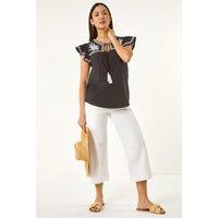 Roman Women's Embroidered Tie Front Top in Black | Size: 20