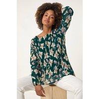 Roman Women's Floral Print Pleated Top in Green | Size: 20