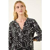 Roman Women's Ditsy Print Pintuck Stretch Shirt in Black | Size: 18