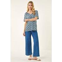 Roman Women's Abstract Print V-Neck Stretch Top in Blue | Size: 12