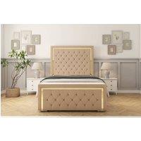 Sloomy Sofia Gold Plush Bed Frame With 50 Upholstered Headboard in Stone | Size: Small Double