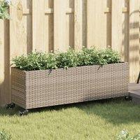 Berkfield Home Garden Planter with Wheels & 3 Pots Grey 107x32x38 cm Poly Rattan | Size: 107 x 32 x 38 cm