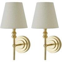 ValueLights Maggie Pair of Wall Lights with Linen Tapered Lamp Shades & Bulbs in Gold