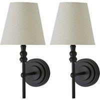 ValueLights Maggie Pair of Wall Lights with Linen Tapered Lamp Shades & Bulbs in Black