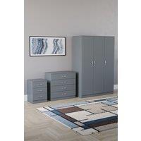 Home Discount Riano 3Pc Bedroom Set - 3 Drawer Bedside, 4 Drawer Chest & Wardrobe in Grey