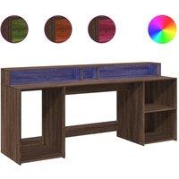 Berkfield Home Desk with LED Lights Brown Oak 200x55x91 cm Engineered Wood | Size: 200 x 55 x 91 cm