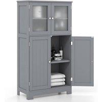 Costway Bathroom Floor Cabinet Freestanding Storage Cupboard W/ 2 Tempered Glass Doors in Grey