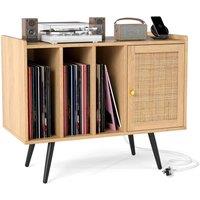 Costway Record Player Stand w/ Charging Station Boho Record Storage Table in Natural