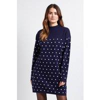 Wallis Women's Polka Dot Knitted Funnel Neck Dress in Navy | Size: 14