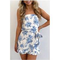 Everyday The Label Women's Sky Blue Floral Print Strapless Zipped Back Knot Waist Ruffled Romper in Pale Blue | Size: XL