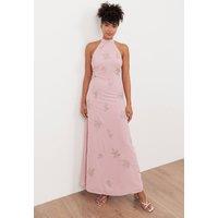 Maya Deluxe Women's Embellished Halter Neck Open Back Maxi Dress in Light Pink | Size: 16