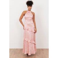Maya Deluxe Women's Floral Jacquard Satin Halter Neck Maxi Dress in Light Pink | Size: 6