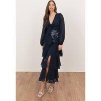 Maya Deluxe Women's Floral Embellished Twist-Front Long Sleeve Tiered Midaxi Dress in Dark Navy | Size: 12