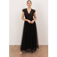 Maya Deluxe Women's Embellished Open Back Maxi Dress in Black | Size: 12
