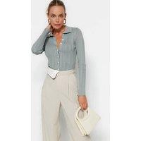 WOVCOR Women's Ribbed Collared Button-Up Knit Cardigan in Mint | Size: Small