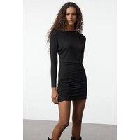 WOVCOR Women's Asymmetrical Collar Mini Knit Dress in Black | Size: XS