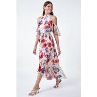 Roman Women's Poppy Floral Frill Halterneck Dress in Ivory | Size: 10