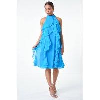 Roman Women's Petite Halter Neck Ruffle Shift Dress in Turquoise | Size: 18