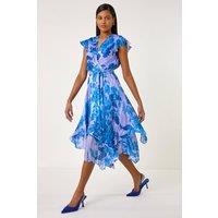 Roman Women's Floral Frill Midi Wrap Dress in Blue | Size: 10