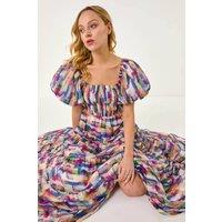 Dusk Women's Abstract Puff Sleeve Tiered Dress in Pink | Size: 10