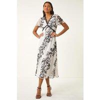 Roman Women's Lace Trim V-Neck Chiffon Midi Dress in White | Size: 18