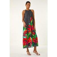Roman Women's Floral Watercolour Motif Midi Dress in Black | Size: 12