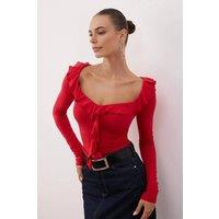 WOVCOR Women's Ruffle Detail Sweetheart Neck Fitted Knit Blouse in Red | Size: Small