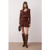 WOVCOR Women's Ruffle Detail Fitted Long Sleeve Mini Knit Dress in Brown | Size: Medium