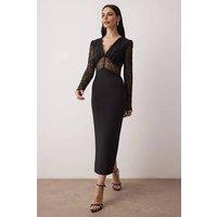 WOVCOR Women's Lace Panel Woven Midi Evening Dress with Plunge Neckline in Black | Size: 8