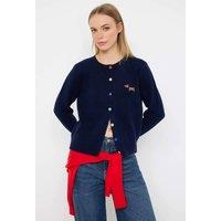 WOVCOR Women's Crew Neck Embroidered Knit Cardigan with Button Detail in Navy | Size: Small