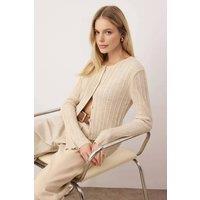 WOVCOR Women's Flared Sleeve Ribbed Knit Button Through Cardigan in Stone | Size: S/M