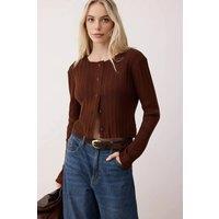 WOVCOR Women's Flared Sleeve Ribbed Knit Button Through Cardigan in Brown | Size: S/M