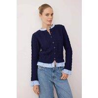 WOVCOR Women's Contrast Collar Cable Knit Button Through Cardigan in Navy | Size: Medium