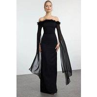 WOVCOR Women's Off The Shoulder Maxi Evening Dress with Sheer Sleeve Detail in Black | Size: 6
