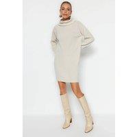 WOVCOR Women's Roll Neck Mini Knit Dress with Long Sleeves in Stone | Size: Medium