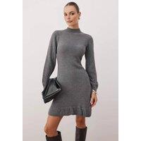 WOVCOR Women's Stand Collar Mini Knit Dress with Ruffle Hem in Dark Grey | Size: Small
