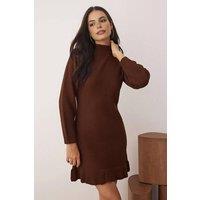 WOVCOR Women's Stand Collar Mini Knit Dress with Ruffle Hem in Brown | Size: Small