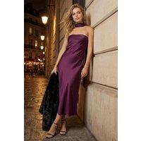 WOVCOR Women's Strapless Satin Midi Evening Dress with Scarf Neck Detail in Plum | Size: 14