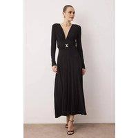 WOVCOR Women's Padded V Neck Maxi Knit Dress with Waist Hardware Detail in Black | Size: 8